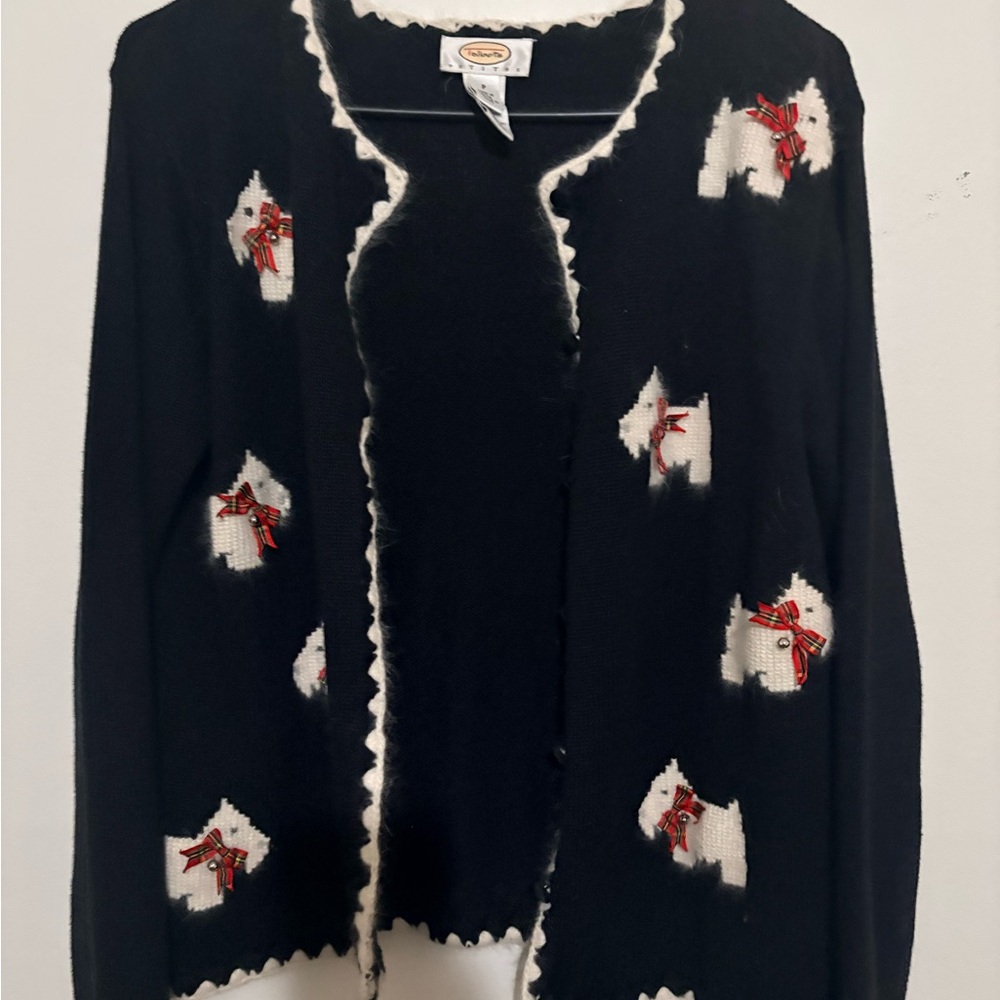 Talbots‎ Black Cardigan with Scotty dog  and Red Bow Accents